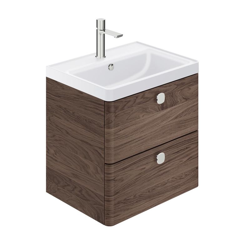 Cameo by VADO 600mm wall hung bathroom vanity unit with 2 drawers, finished in warm walnut.