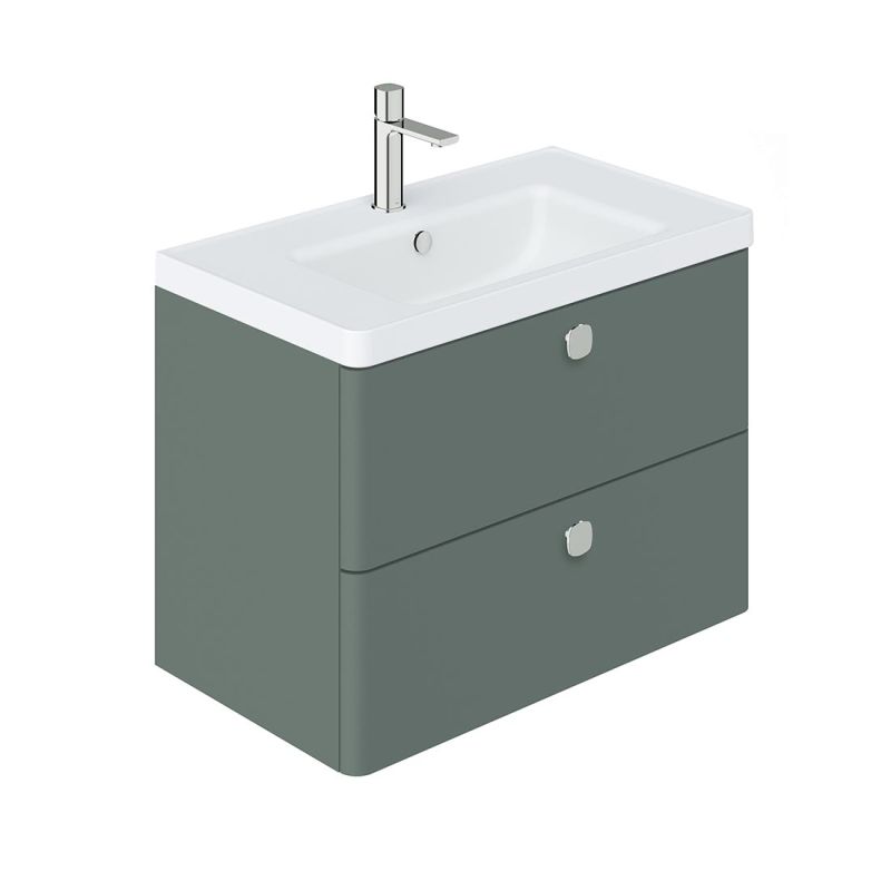 Cameo by VADO 800mm wall hung bathroom vanity unit with 2 drawers, finished in eucalyptus green.