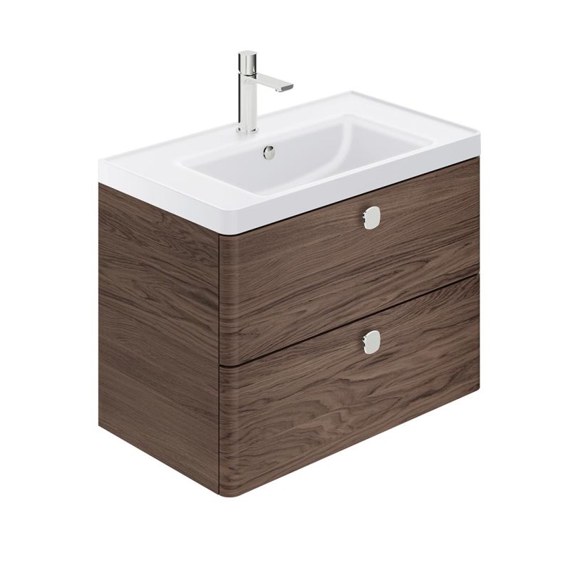 Cameo by VADO 800mm wall hung bathroom vanity unit with 2 drawers, finished in warm walnut.