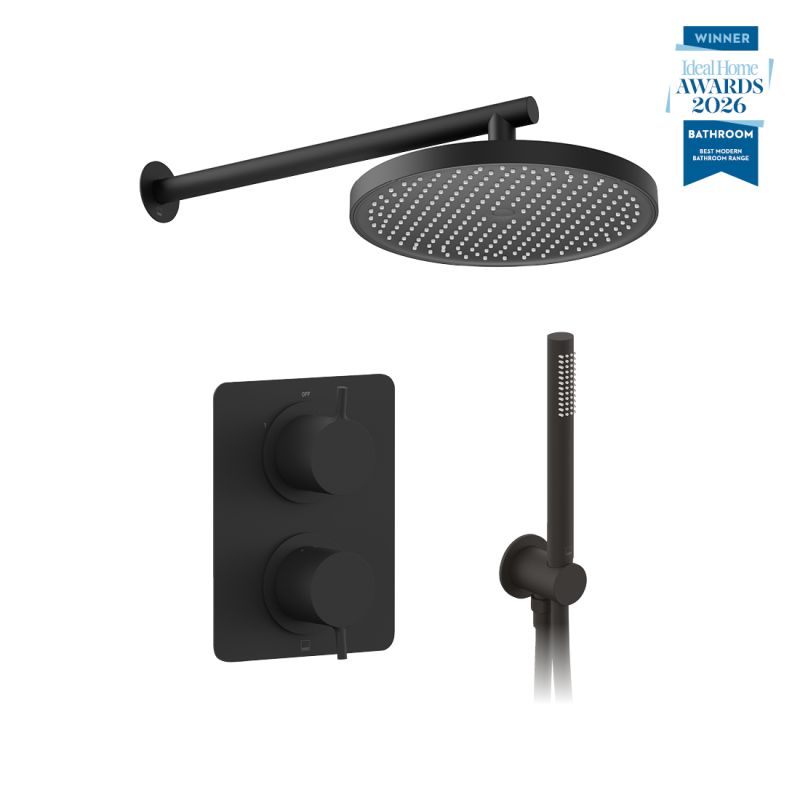 Safari Lever Two Outlet Concealed Thermostatic Shower Package with Mini Kit, finished in matt black.