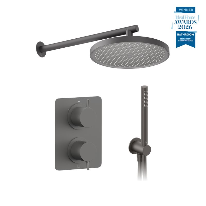 Safari Lever Two Outlet Concealed Thermostatic Shower Package with Mini Kit, finished in pewter.