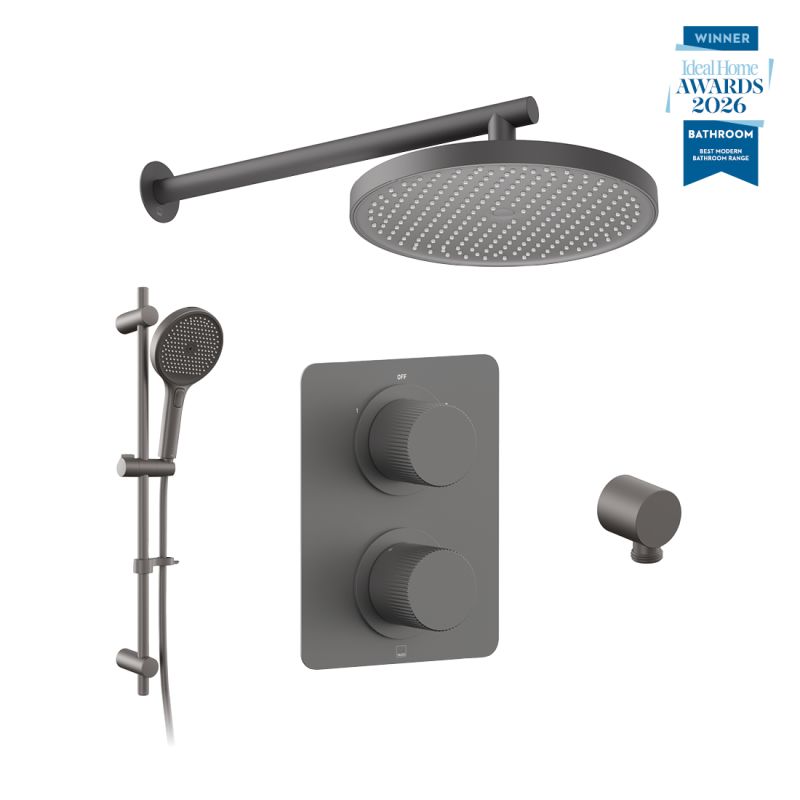 Safari Leverless Two Outlet Concealed Thermostatic Shower Package with Multi Function Slide Rail Kit, finished in pewter.