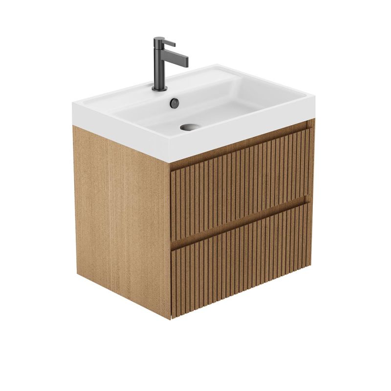 Groove by VADO 600mm wall mounted vanity unit, in a classic oak wood finish with 2 drawers and handless slatted design. 