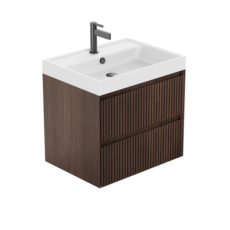 Groove by VADO 600mm wall mounted vanity unit, in a classic walnut wood finish with 2 drawers and handleless slatted design. 