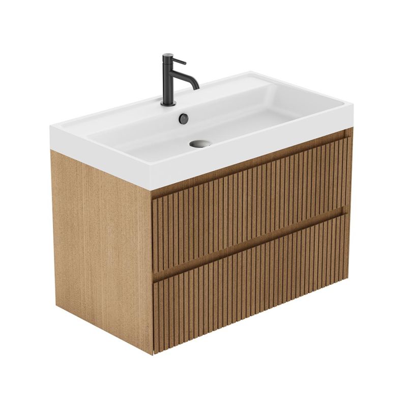 Groove by VADO 800mm wall mounted vanity unit, in a classic oak wood finish with 2 drawers and handleless slatted design. 