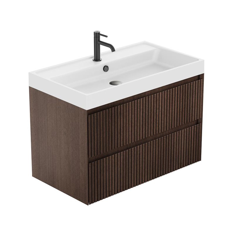 Groove by VADO 800mm wall mounted vanity unit, in a classic walnut wood finish with 2 drawers and handleless slatted design. 