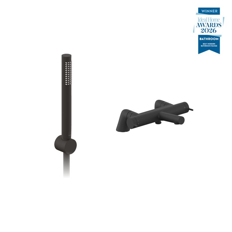 Safari lever exposed deck mounted thermostatic shower package with mini kit, finished in matt black.