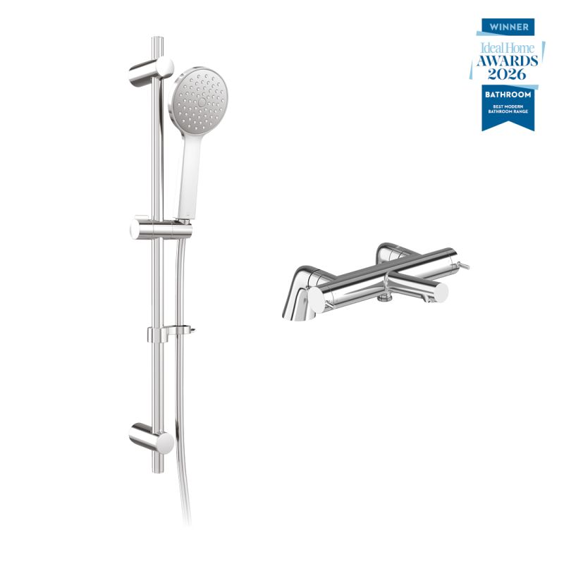 Safari lever exposed deck mounted thermostatic shower package with single-function slide rail kit, finished in chrome.