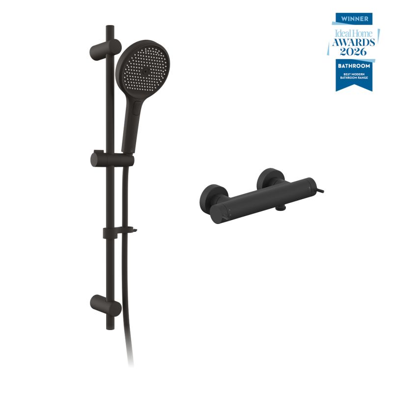 Safari lever exposed wall mounted thermostatic shower package with multi-function slide rail kit, finished in matt black.