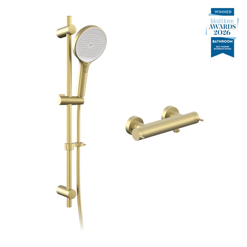 Safari lever exposed wall mounted thermostatic shower package with multi-function slide rail kit, finished in pewter.
