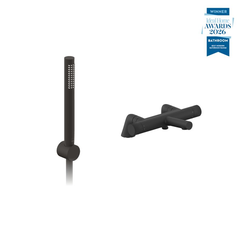 Safari leverless exposed deck mounted thermostatic shower package with mini kit, finished in matt black.
