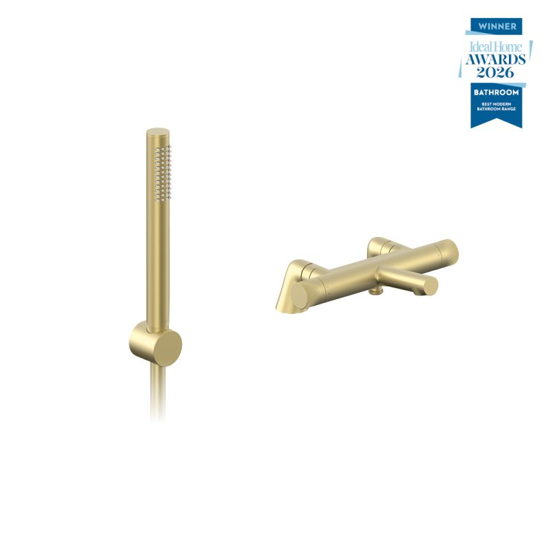 Safari leverless exposed deck mounted thermostatic shower package with single-function slide rail kit, finished in satin brass.