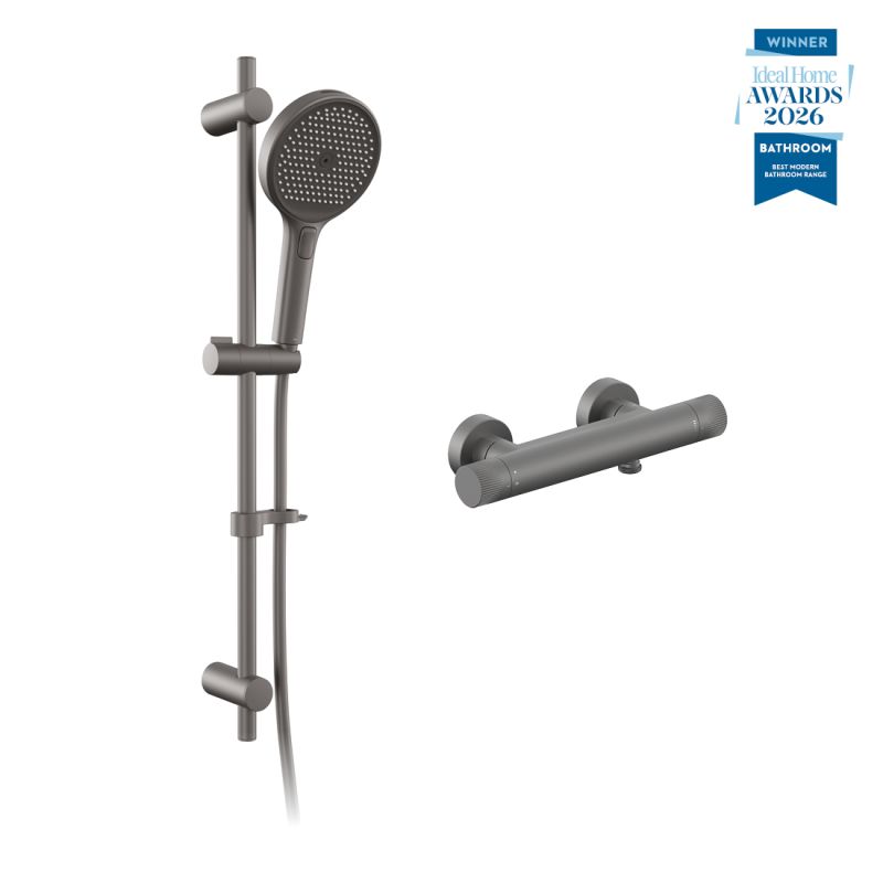 Safari leverless exposed wall mounted thermostatic shower package with multi-function slide rail kit, finished in pewter.