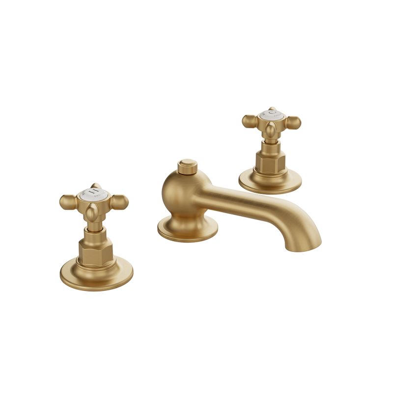 Booth & Co. Axbridge basin mixer tap with a pop up basin waste and cross handles, finished in brushed brass with crackled off-white ceramic accents.