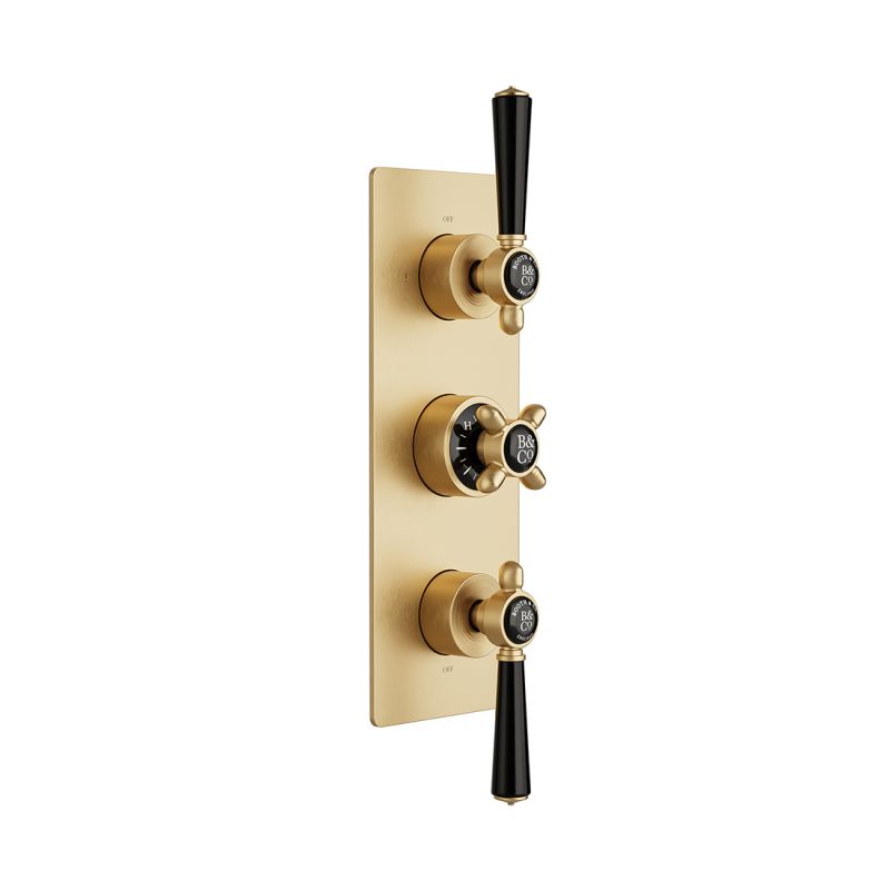 Booth & Co. Axbridge 2 outlet, 3 handle concealed thermostatic shower valve, finished in brushed brass with crackled off-white ceramic accents.
