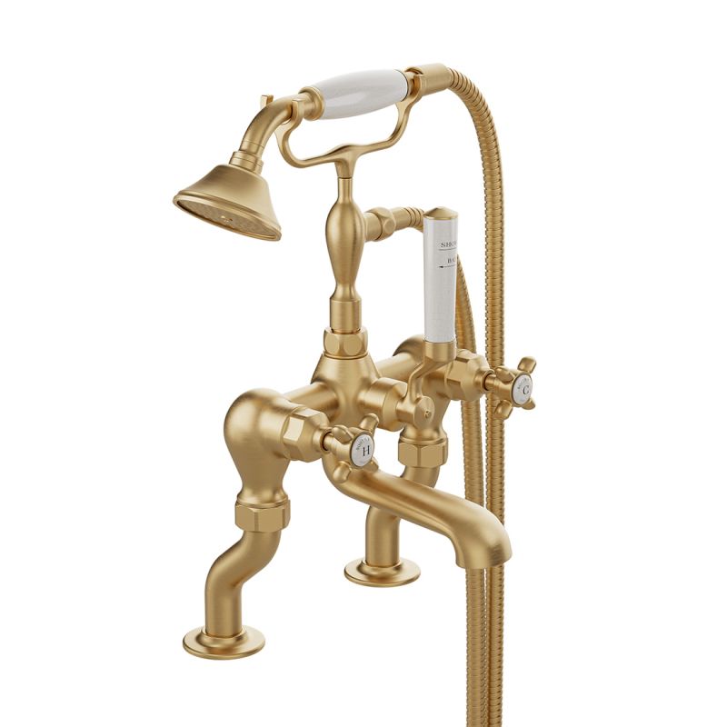 Booth & Co. Axbridge bath shower mixer tap with shower kit and cross handles, finished in brushed brass with crackled off-white ceramic accents.