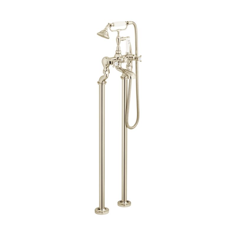 Booth & Co. Axbridge freestanding bath mixer tap with shower kit and cross handles, finished in a high-shine bright nickel with crackled off-white ceramic