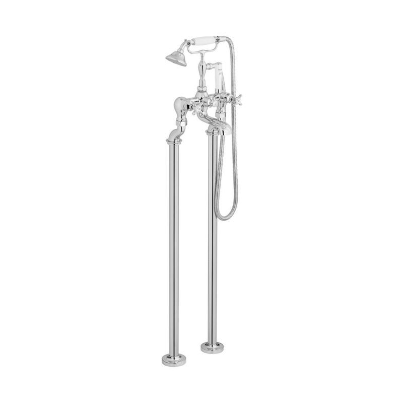 Booth & Co. Axbridge freestanding bath mixer tap with shower kit and cross handles, finished in a high-shine polished chrome with white ceramic accents.
