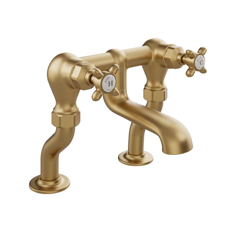 Booth & Co. Axbridge bath filler tap with cross handles, finished in brushed brass with crackled off-white ceramic accents.