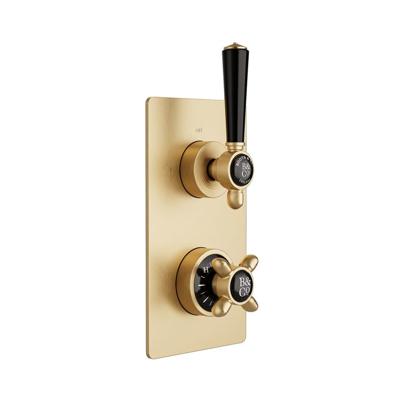 Booth & Co. Axbridge 2 outlet, 2 handle concealed thermostatic shower valve, finished in brushed brass with crackled off-white ceramic accents.