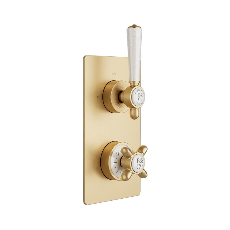 Booth & Co. Axbridge 2 outlet, 2 handle concealed thermostatic shower valve, finished in brushed brass with crackled off-white ceramic accents.