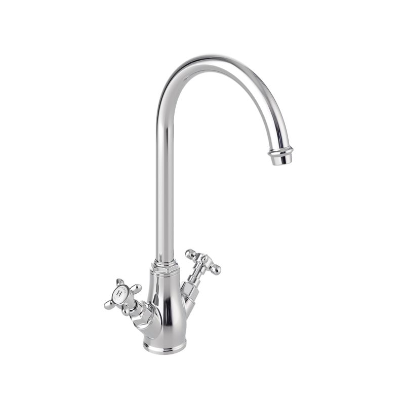 Booth & Co. Kitchen tap mixer with cross handles, finished in a high-shine polished chrome with white ceramic accents.
