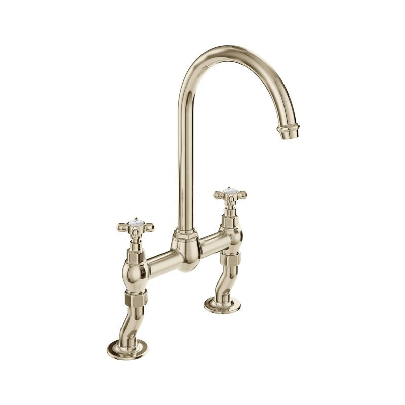 Booth & Co. Axbridge bridge kitchen tap mixer with cross handles, finished in a high-shine bright nickel with off-white ceramic accents.