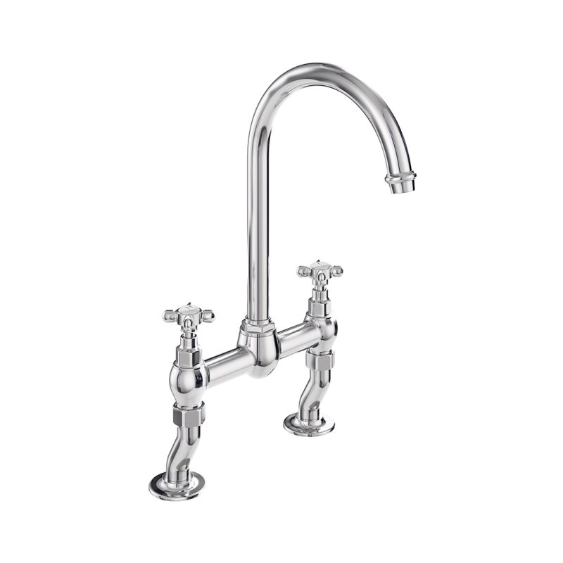 Booth & Co. Axbridge bridge kitchen tap mixer with cross handles, finished in a high-shine polished chrome with white ceramic accents.