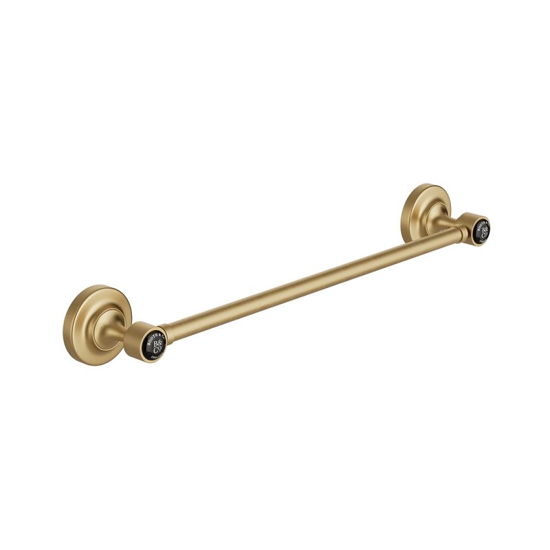Booth & Co. 450mm (18") towel rail, finished in brushed brass with black ceramic accents.