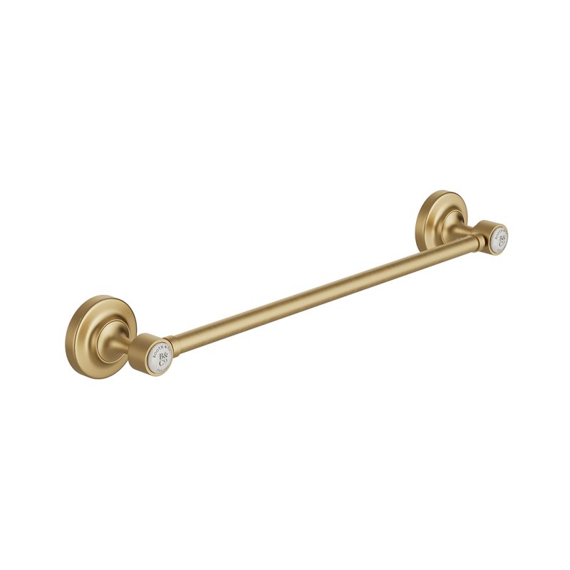 Booth & Co. 450mm (18") towel rail, finished in brushed brass with crackled off-white ceramic accents.