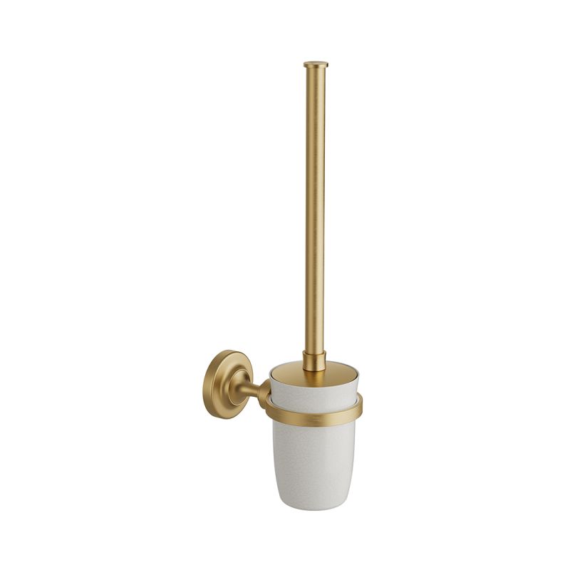 Booth & Co. toilet brush and ceramic holder, finished in brushed brass with crackled off-white ceramic accents.