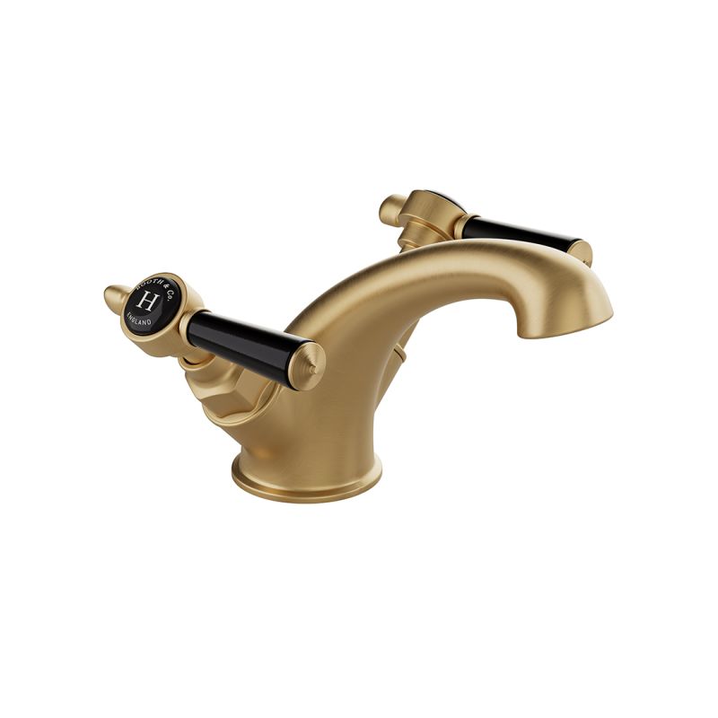 Booth & Co. Axbridge Mono basin mixer tap smooth body with lever handles, finished in brushed brass with crackled off-white ceramic.