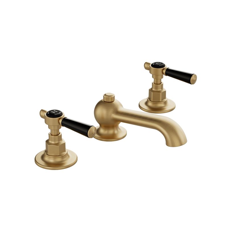 Booth & Co. Axbridge basin mixer tap with a pop up basin waste and lever handles, finished in brushed brass with black ceramic accents.