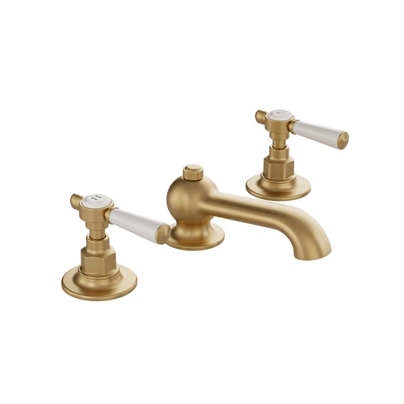 Booth & Co. Axbridge basin mixer tap with a pop up basin waste and lever handles, finished in brushed brass with crackled off-white ceramic accents.