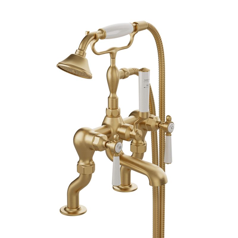 Booth & Co. Axbridge bath shower mixer tap with shower kit and lever handles, finished in brushed brass with crackled off-white ceramic accents.