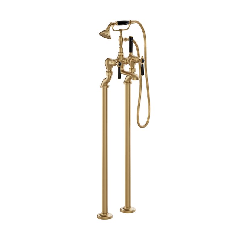 Booth & Co. Axbridge freestanding bath mixer tap with shower kit and lever handles, finished in brushed brass with black ceramic accents.