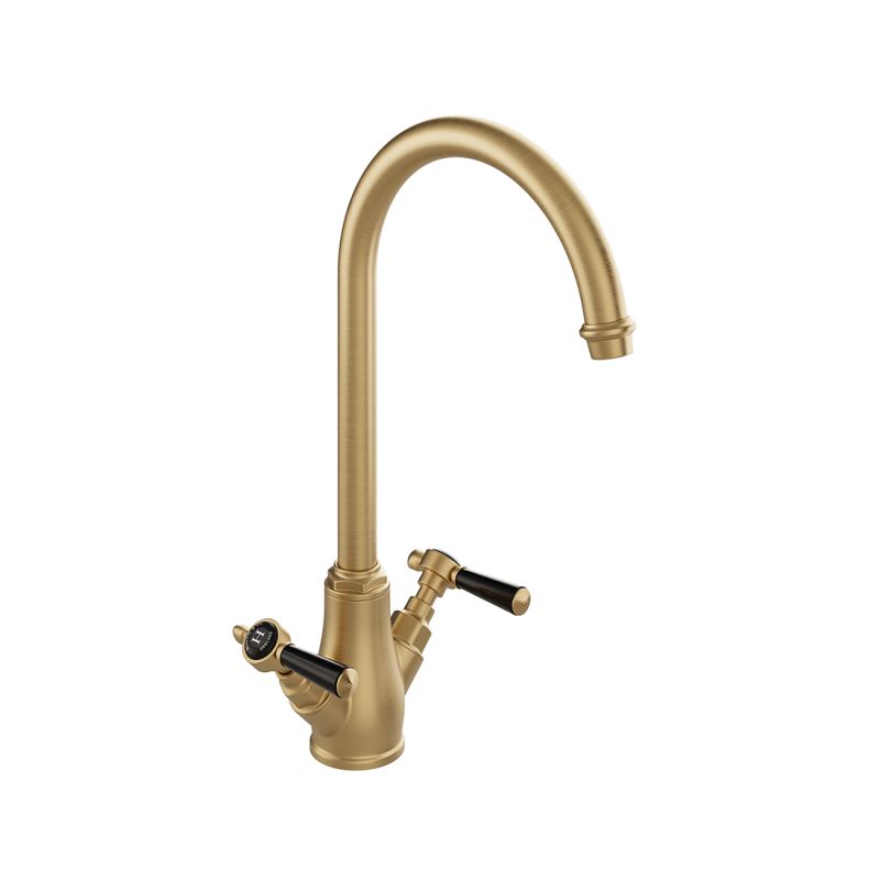 Booth & Co. Kitchen tap mixer with lever handles, finished in brushed brass with black ceramic accents.