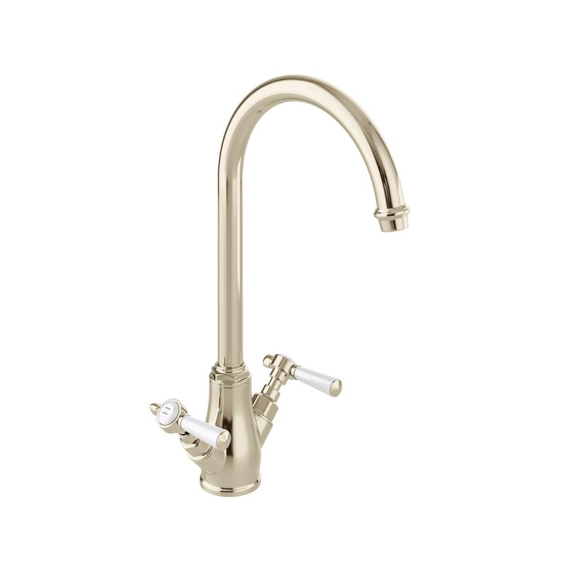 Booth & Co. Kitchen tap mixer with lever handles, finished in a high-shine bright nickel with crackled off-white ceramic accents.