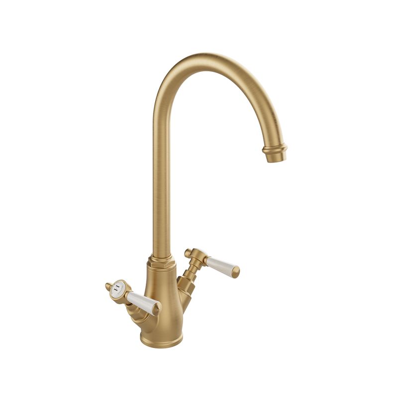 Booth & Co. Kitchen tap mixer with lever handles, finished in brushed brass with crackled off-white ceramic accents.
