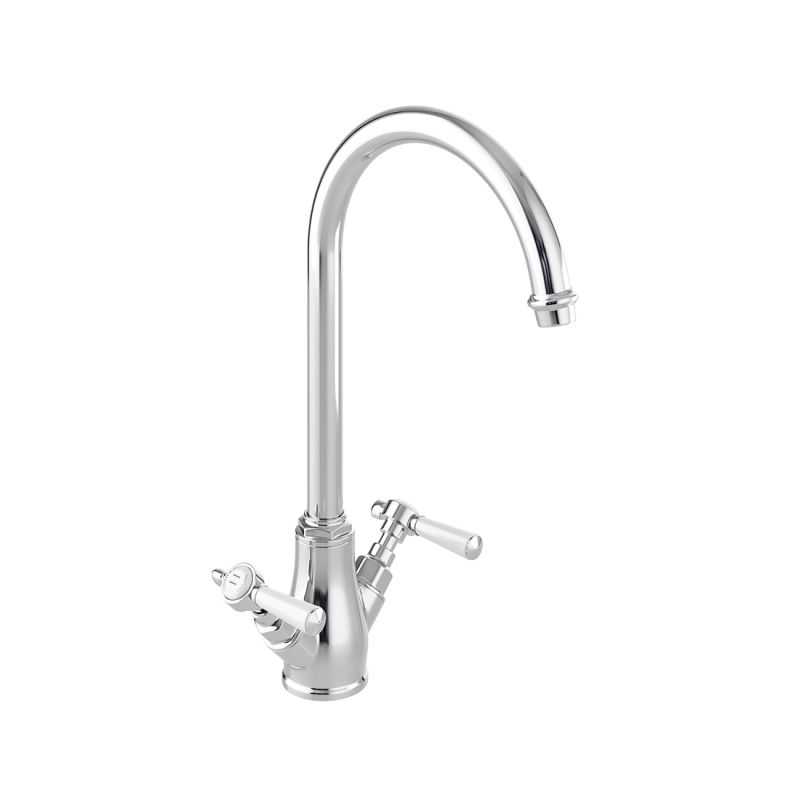 Booth & Co. Kitchen tap mixer with cross handles, finished in a high-shine polished chrome with white ceramic accents.