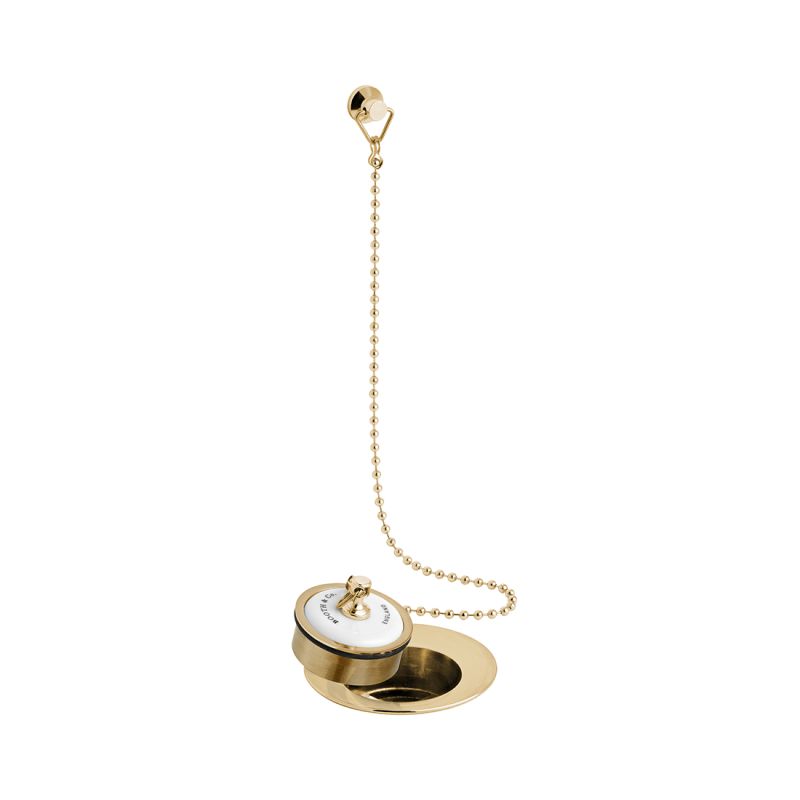 Booth & Co. ceramic plug and chain basin waste, finished in brushed brass with crackled off-white ceramic accents.