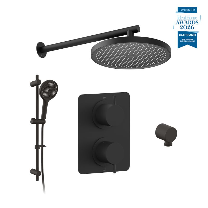 Safari Lever Two Outlet Concealed Thermostatic Shower Package with Multi Function Slide Rail Kit, finished in matt black