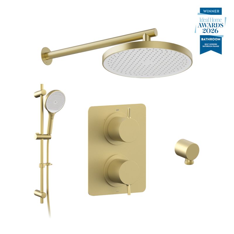 Safari Lever Two Outlet Concealed Thermostatic Shower Package with Multi Function Slide Rail Kit, finished in satin brass.