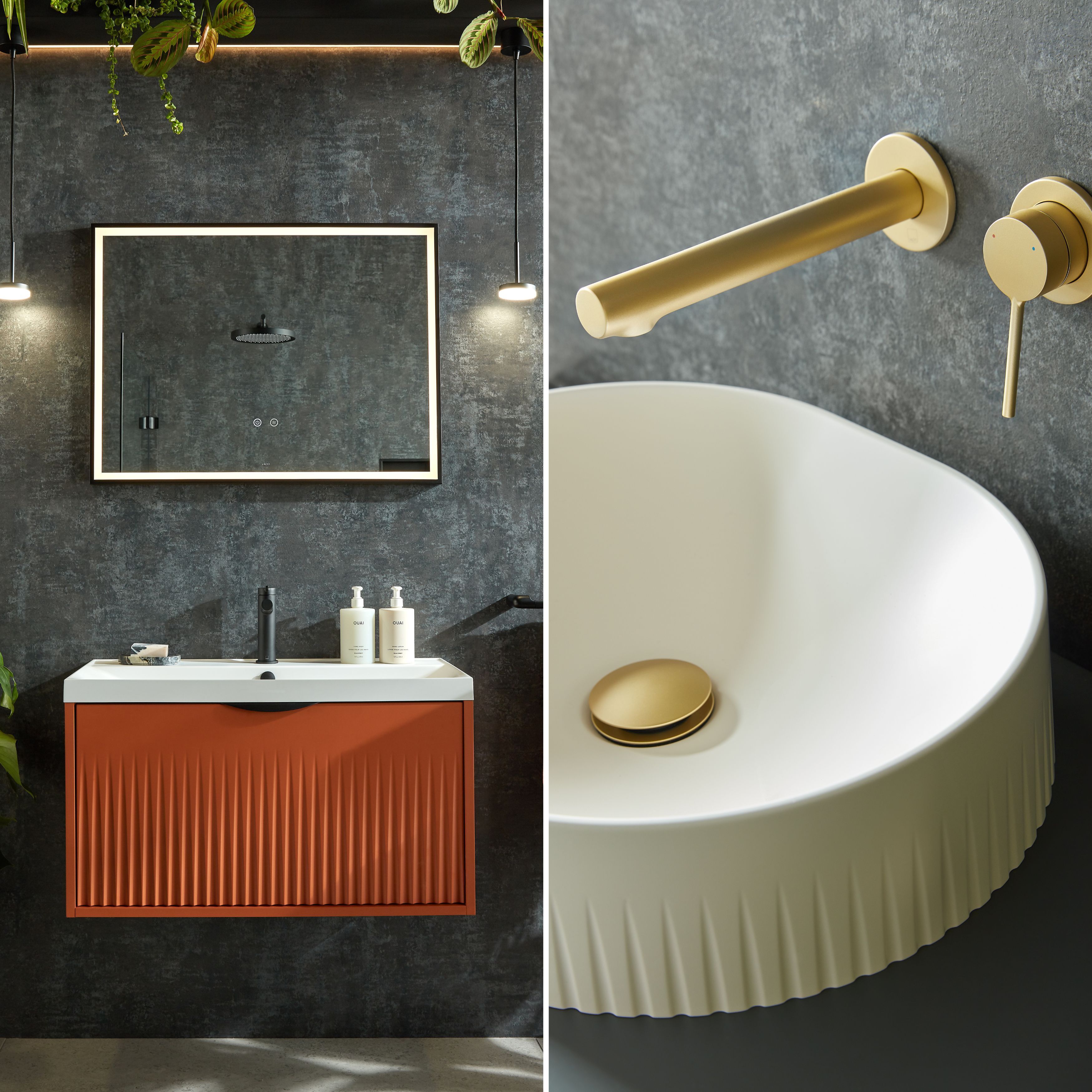 Terracotta wall hung unit with fluted front. Fluted counter top basin with satin brass tap