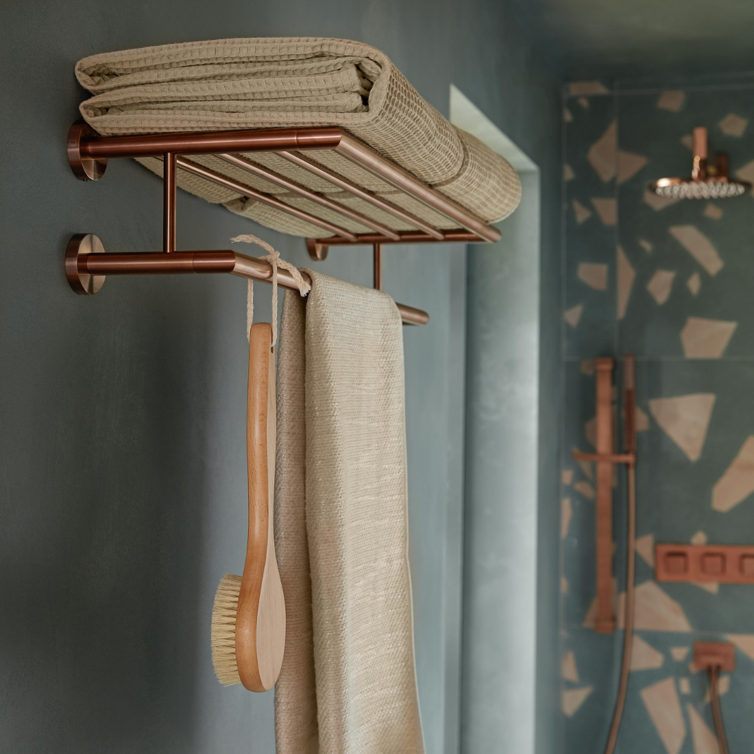 Brushed Bronze Towel Shelf with Rail